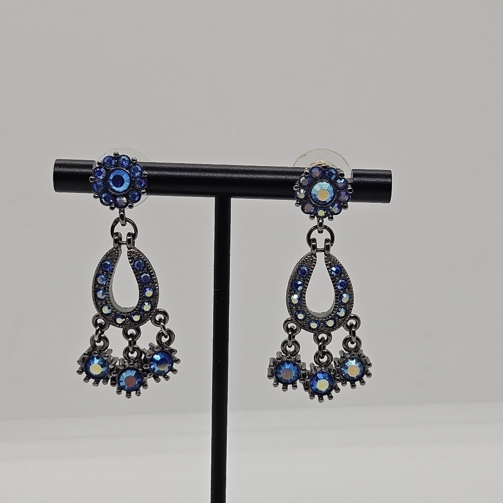 blue AB rhinestone teardrop chandelier earrings signed Butler